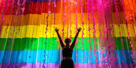 Vivid Rainbow Paint Cascade.
Dynamic and colourful paint streaming down a wall, creating a bright rainbow effect.
