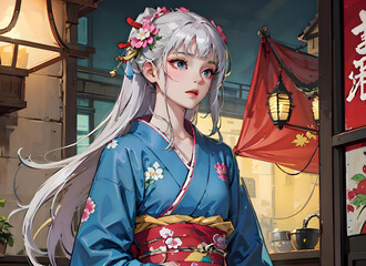 Long-haired anime woman wearing a Japanese kimono and looking very beautiful.