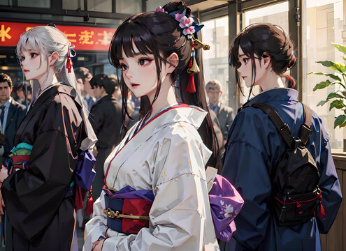 Long-haired anime woman wearing a Japanese kimono and looking very beautiful.