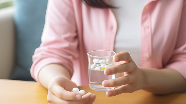 The background is blurred, drawing focus to the woman's hand and the medicine, emphasizing the significance of the moment.