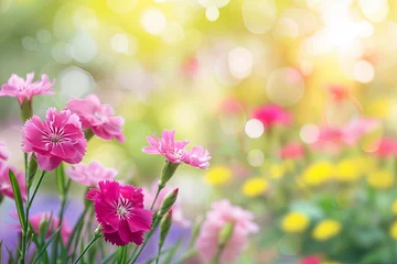 Poster Dianthus flowers against a blurred summer garden or park backdrop © Emanuel