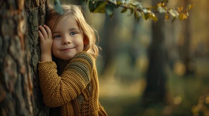 A smiling young girl with blonde hair hugging a tree in a forest. She is wearing a brown sweater, and the background is softly lit with a warm, natural glow.