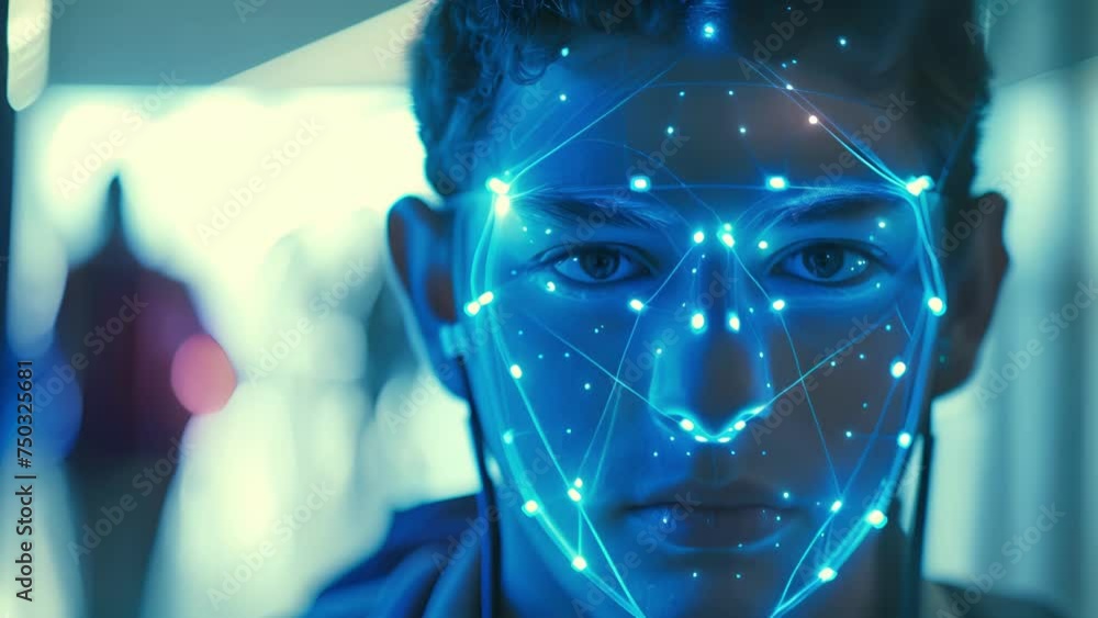 Poster a zoomedin view of a passengers face being scanned by an aipowered facial recognition system identif