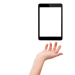 Hand, tablet and empty screen in studio, display and mockup space or social media on white background. Person, tech and website or networking for marketing, app and internet or online for advertising