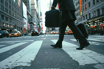 Businessman swiftly crossing a city street, carrying luggage - obrazy, fototapety, plakaty