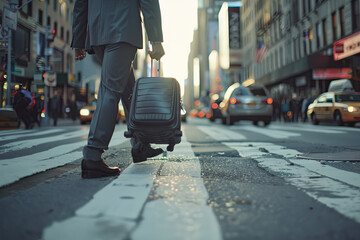 Businessman swiftly crossing a city street, carrying luggage