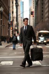 Fototapeta na wymiar Businessman swiftly crossing a city street, carrying luggage