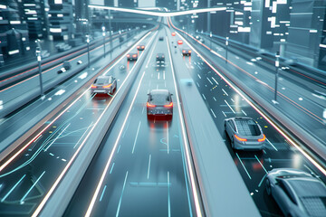 Futuristic road designed for intelligent self-driving cars, with an Artificial Intelligence system that detects objects and corrects wrong car lanes, concept of future vehicle safety and accident redu