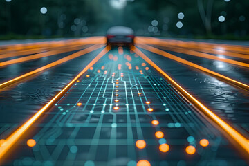 Futuristic road designed for intelligent self-driving cars, with an Artificial Intelligence system that detects objects and corrects wrong car lanes, concept of future vehicle safety and accident redu - obrazy, fototapety, plakaty