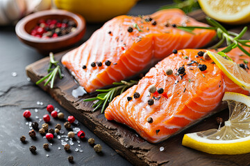 Fresh Pacific salmon fillets garnished with rosemary, peppercorns, and lemon, showcasing a delicious and healthy seafood meal - obrazy, fototapety, plakaty