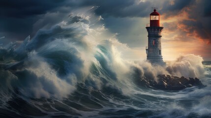 Ship lighthouse storm waves sea - obrazy, fototapety, plakaty