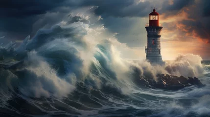 Foto op Canvas Ship lighthouse storm waves sea © png sublimation