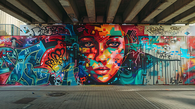 A mesmerizing mural of a woman's face, created with vibrant acrylic paints, captures the essence of modern street art in this stunning visual masterpiece. Generative AI illustration 