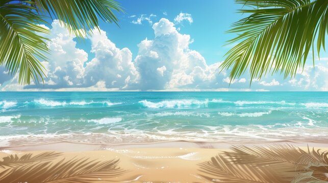 Seascape. Summer tropical beach with golden sand palm branches. Vector illustration