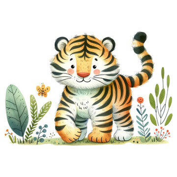 Friendly Tiger Cub Watercolor Illustration