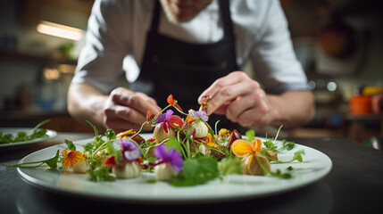
Modern food stylist meticulously arranging a gourmet dish on a pristine white plate, delicately placing microgreens and edible flowers