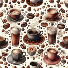 seamless background with coffee beans water color.