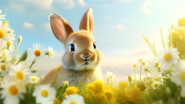 rabbit in the grass  among sunflowers  magical world with blue sky background