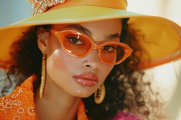 Stylish Young Woman with Curly Hair Posing in Orange Sunglasses and Hat with Sunlit Background