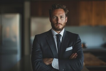 Fototapeta premium Confident Businessman in Suit Standing with Arms Crossed in Modern Office Interior