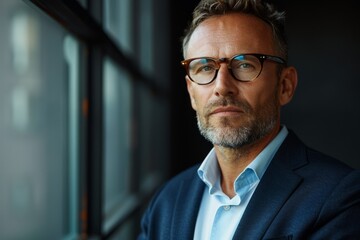 Fototapeta premium Confident Business Executive in Formal Wear Posing by Office Window with Serious Expression