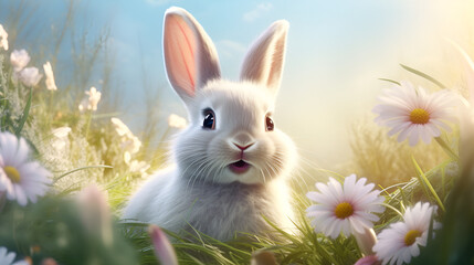 a rabbit in white flowers blooms carefree delightful cheerful peaceful harmoney background