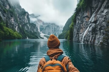 Solo Adventurer in Orange Beanie Contemplating Majestic Mountain Lake Landscape Surrounded by Misty...