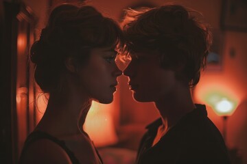 Intimate Silhouetted Portrait of Young Couple in Romantic Mood with Warm Backlighting
