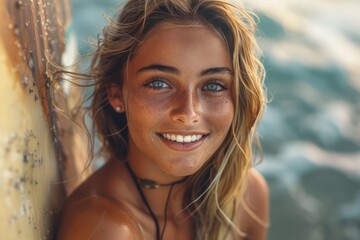 Young Woman Smiling with Freckles by the Ocean, Golden Hour Sunlight Sparkling on Skin - Portrait of Carefree Female Enjoying Summer Near Sea