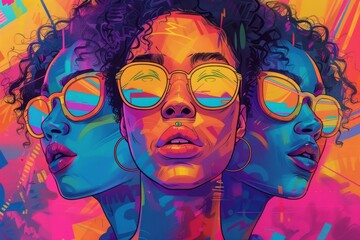 Vibrant Pop Art Style Portrait of a Woman with Sunglasses and Piercing Against a Colorful Background