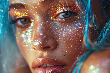 Close-Up Portrait of Young Woman with Sparkling Glitter Makeup and Blue Hair, Festive Beauty Concept