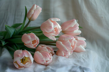 Pink tulip bouquet on a plain background shot with soft light