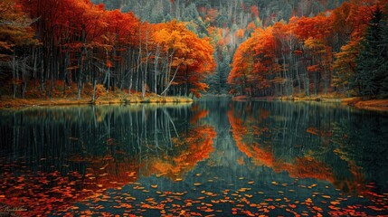 The forest's fiery autumn colors are mirrored perfectly in the still lake waters, while scattered leaves float gently on the surface