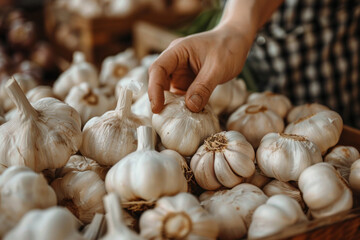 A hand grabbing a garlic from a pile on the table, kitchen spice food