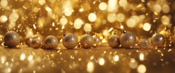 Festive row of golden Christmas ornaments shining with bokeh lights.