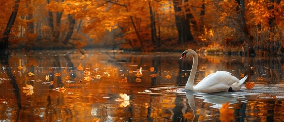 A swan glides gracefully across a pond strewn with fallen leaves, the amber autumn glow reflecting softly in the tranquil waters. The scene captures the quiet beauty of nature in fall
