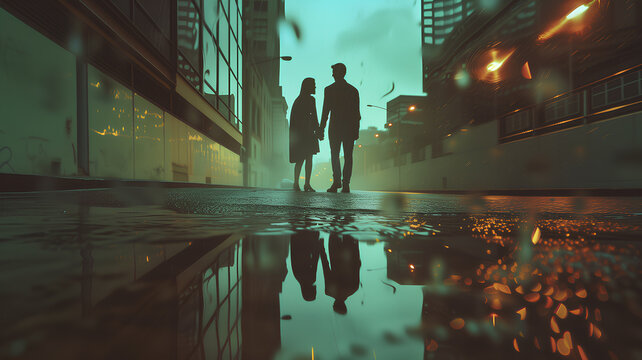 Couple Standing in Rainy Urban Street at Night
. Silhouettes of a couple holding hands, are reflected in a water puddle on a city street glowing with warm streetlights under a rainy sky.
