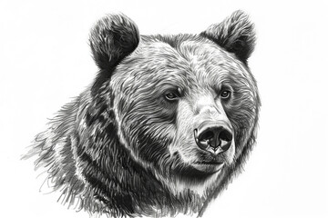 Grizzly bear engraving sketch isolated on white background. Portrait of big bear with copy space