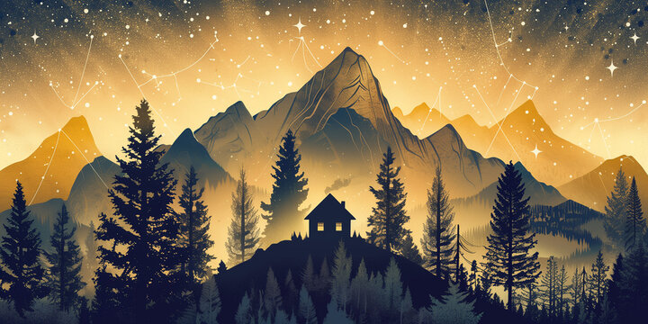 Vintage Celestial Charm: Old Triangle Poster Depicting Stars and Constellations, Styled with Layered Landscapes