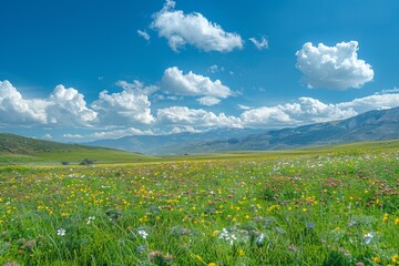 serene and idyllic countryside scene, where the lush greenery of the rolling hills meets the expansive, cloud-strewn sky.