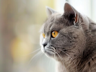 British Shorthair cat, detailed fur texture and stoic gaze, against a soft, blurred background