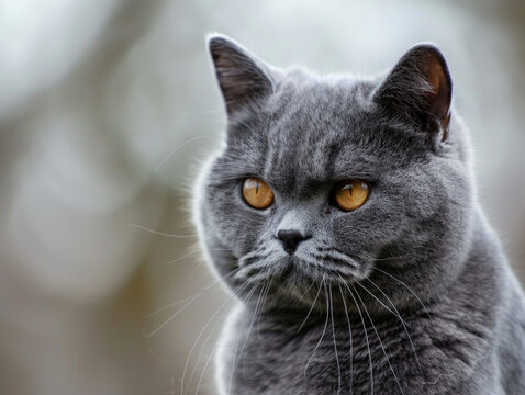 British Shorthair cat, detailed fur texture and stoic gaze, against a soft, blurred background
