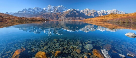 A majestic mountain range is reflected in a crystal-clear alpine lake, showcasing a symphony of sky, stone, and water. The pristine clarity of the lake reveals the vibrant underwater rocks and foliage