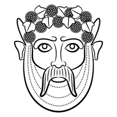 Etruscan mask of god Bacchus. Antique god of wine. Bearded horned male face wearing grape wreath. Black and white linear silhouette.