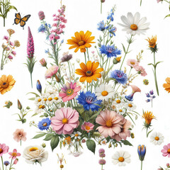 Seamless pattern of meadow flowers on white background. AI generated image.