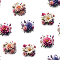 Seamless pattern of garden flowers on white background. AI generated image.