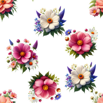 Seamless pattern of garden flowers on white background. AI generated image.