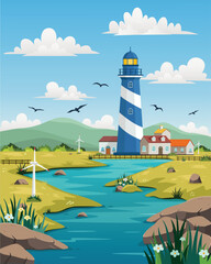 Lighthouse on rock stones island landscape, Mercusuar tower illustration in flat style
