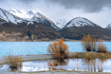 Scenic morning view of Lake Pukaki east bank, with their mesmerizing turquoise hue and reflect the majestic snow-capped Southern Alps. Perfect for travel brochures, and nature magazines.