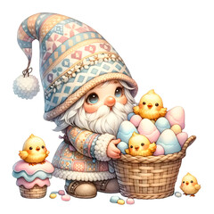 Watercolor Easter Cute Gnome with Basket Marshmallow Chicks.